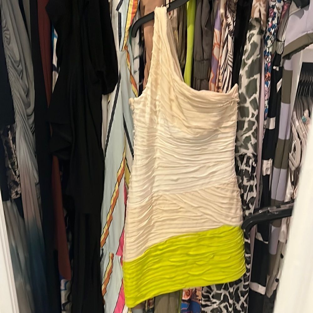 Bebe cream/white/yellow one shoulder dress, size S, EUC